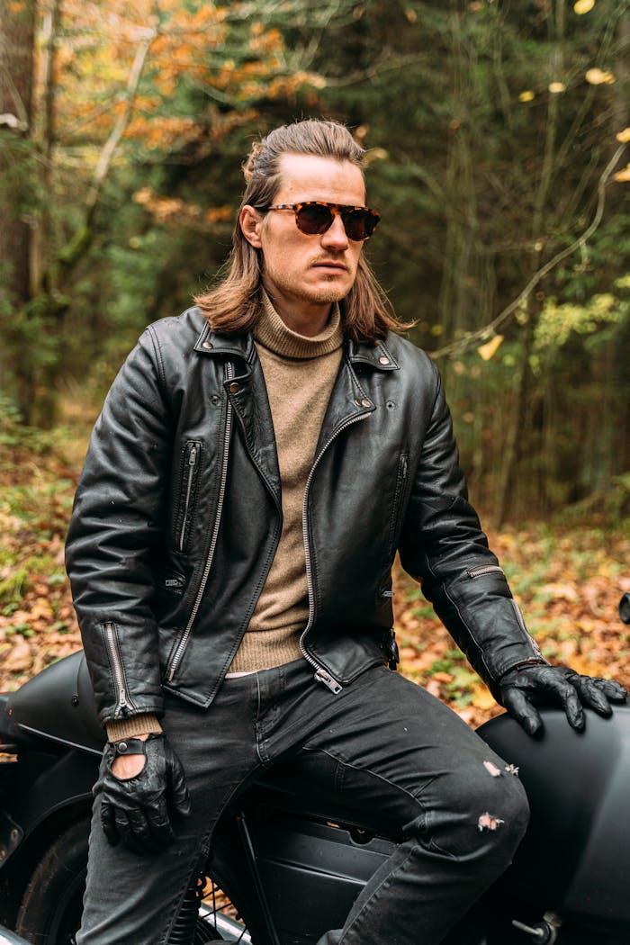 Man in leather jacket and sunglasses sitting on a parked motorcycle in an autumn forest.